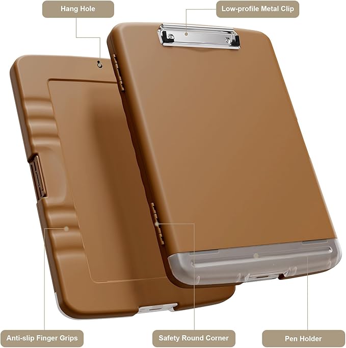 Piasoenc Clipboard with Storage, 8.5 x 11 Organization Box with Pen Holder and A4 Legal Paper Folder, Folio & Side-Opening, Low Profile Clip,for Nurses,Teachers, Size 14 x 9.6 x 1.2 in, Brown