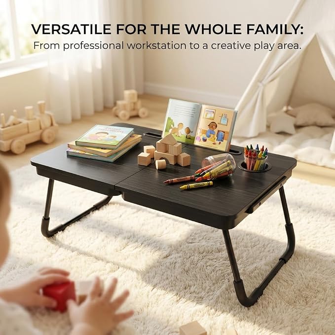 BUYIFY 23.4" Foldable Lap Desk Bed Table with Cup Holder Portable Tray | Folds Flat for Easy Storage, No Assembly Laptop Bed Desk, Sturdy and Lightweight, Versatile for Work Eat Study, Patent Design