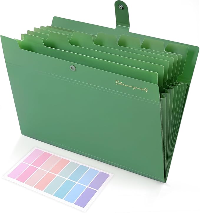 SKYDUE Expanding File Folder, Accordion File Organizer with 8 Pockets, Expandable Document Paper Receipt Holder for School Office Hospital, Letter/A4 Size Olive Green