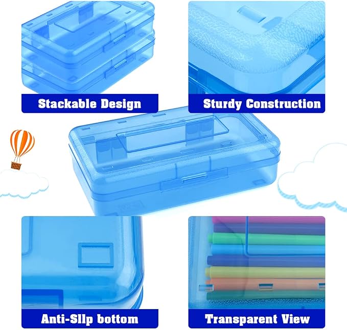 Pencil Box, Large Capacity Clear Pencil Case, 1 Pack Hard Pencil Case, Clear Crayon Box with Snap-tight Lid Stackable Design, Plastic Storage Box for Office Supplies, Blue
