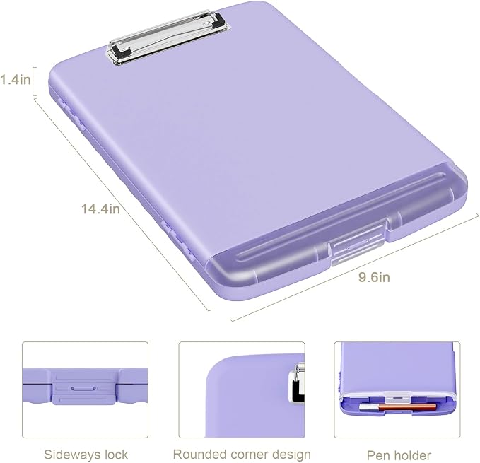 Piasoenc Clipboard with Storage, 8.5 x 11 Organization Box with Pen Holder and A4 Legal Paper Folder, Folio & Side-Opening, Low Profile Clip,for Nurses,Teachers, Size 14 x 9.6 x 1.2 in, Purple