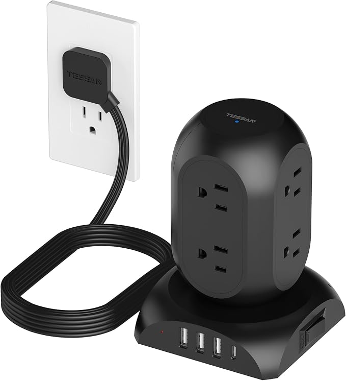 TESSAN Flat Plug Tower Power Strip with 1050J Surge Protector, 10 Ft, Black | 8 AC with 4 USB Ports (1 USB C), Multiple Plug Power Tower with 8 Widely Spaced Outlets for Home, Office, Dorm Room