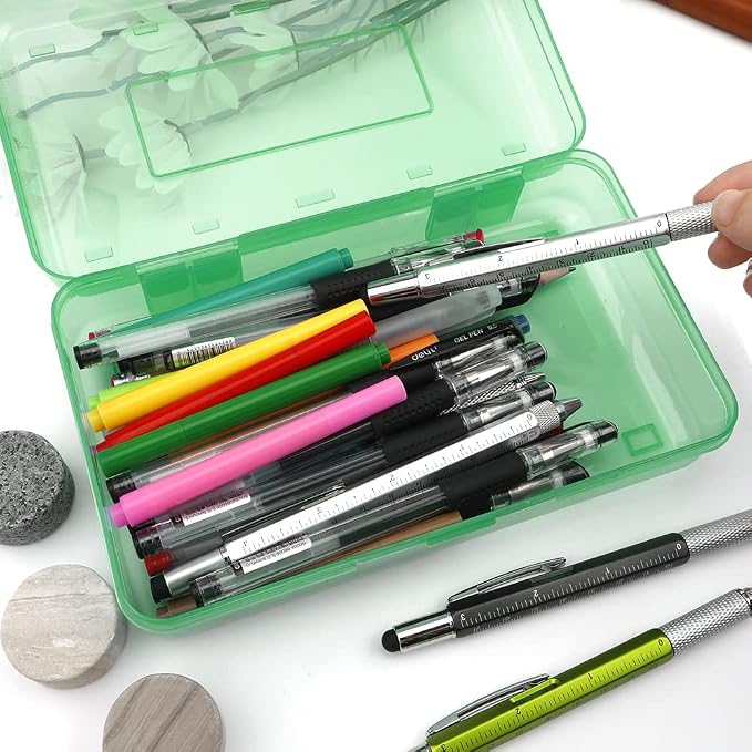 Pencil Box, Large Capacity Clear Pencil Case, 1 Pack Hard Pencil Case, Clear Crayon Box with Snap-tight Lid Stackable Design, Plastic Storage Box for Office Supplies, Green
