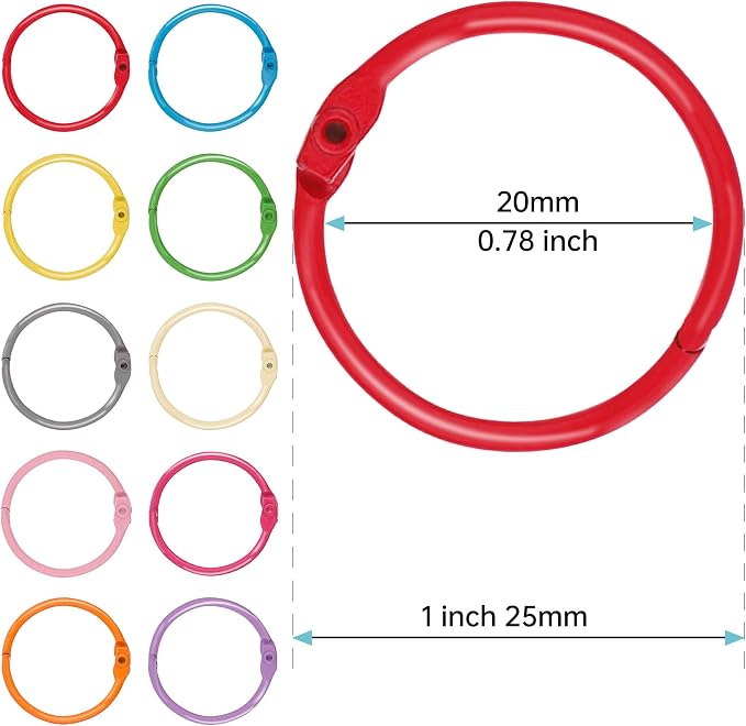 AKONEGE 1 Inch (50 Pack) Metallic Loose Leaf Binder Rings for Flashcards, Index Cards, Keychains, Colorful Small Metal Steel Book Ring Clips for Keyrings, Office, School, Home - 10 Colors
