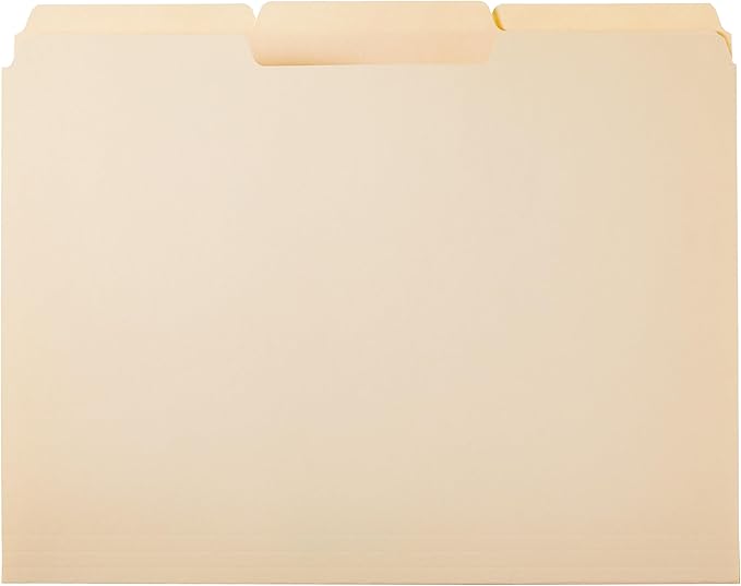 Amazon Basics Sturdy File Folders with Reinforced Tabs for Filing and Organization, 1/3-Cut Tab, Assorted Positions, Letter Size, 8.5x11 inches, Manila, 100-Pack