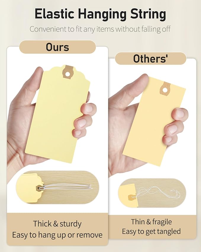 Uniclife 72 Pcs Blank Shipping Tags with Elastic String Attached Cardstock Paper Hang Tags with Reinforced Eyelet Large Marking Price Tag Inventory Label Tag, Beige (4.7" x 2 3/8")