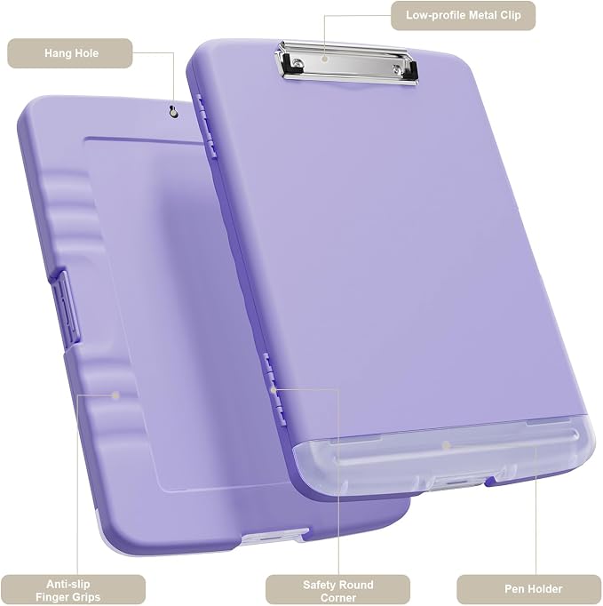 Piasoenc Clipboard with Storage, 8.5 x 11 Organization Box with Pen Holder and A4 Legal Paper Folder, Folio & Side-Opening, Low Profile Clip,for Nurses,Teachers, Size 14 x 9.6 x 1.2 in, Purple
