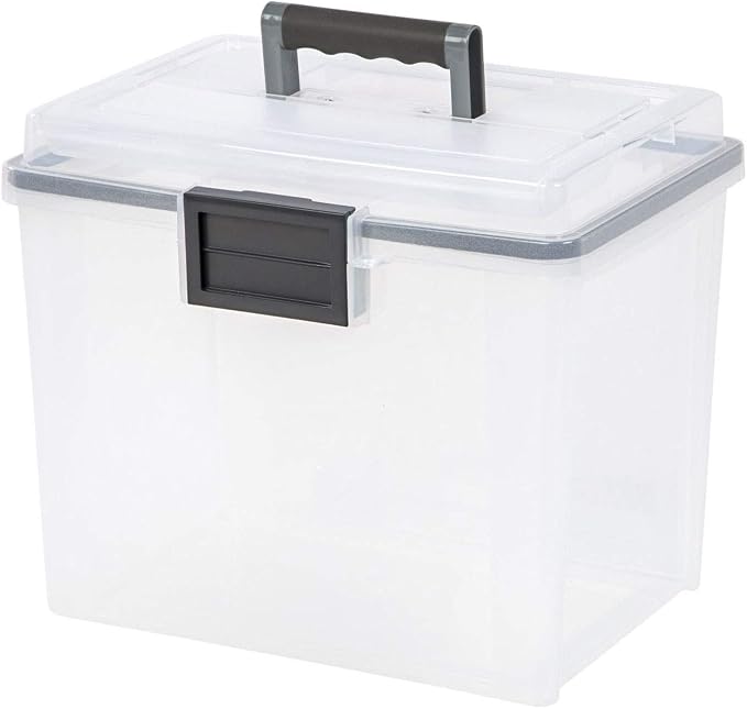 IRIS USA File Box WeatherPro Portable File Organizer Plastic File Box for Letter File w/Organizer-Lid, Durable Lid and Gasket Seal, Secure Latching Buckles, Stackable, Lockable, Clear 19 Qt. 4 Pack