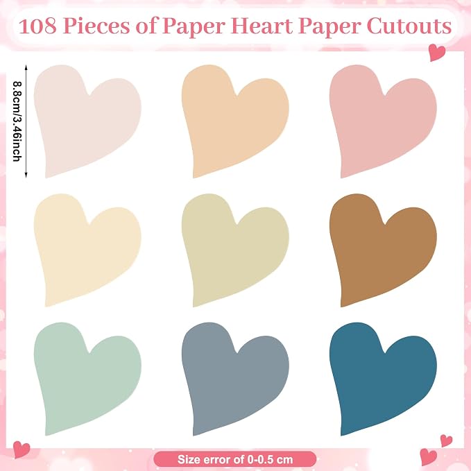 Geyee 108 Pcs Valentine's Day Heart Cutouts Paper Boho Heart Bulletin Board Cutouts Assorted Color Die Cut for Classroom Decor Teachers DIY Craft