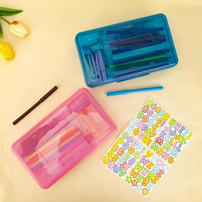 Pink Blue Hard Clear Plastic Pencil Case Box Organizer Large Capacity Pencil Case 2 Pack Crayon Box Office Supplies Storage Container Organizer Boxes for Pens Pencils School Stylish Office Supplies