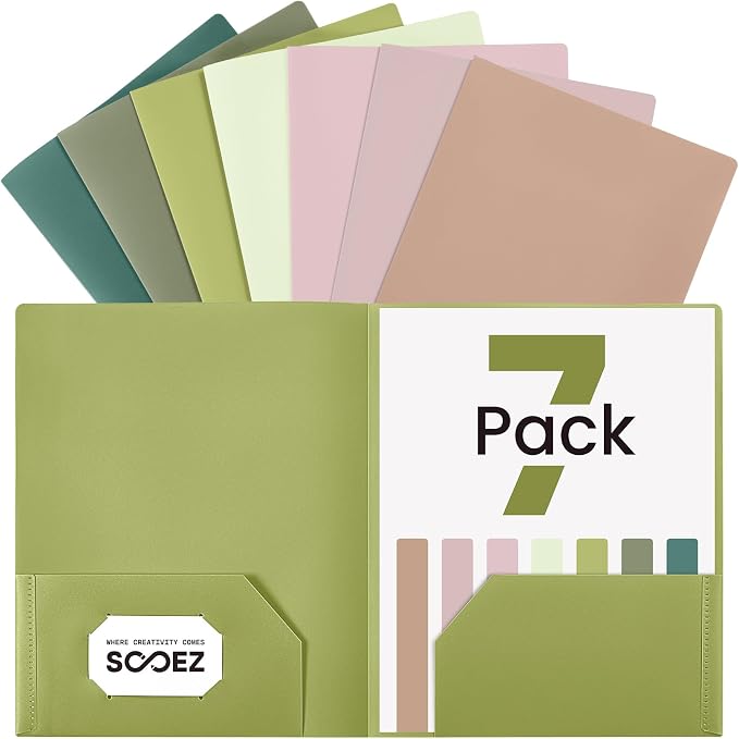 Sooez 7 Pack Folders with Pockets, 2 Pocket Folders with Extra Labels, Plastic Folder with Pockets, Heavy Duty File Folder Bulk, School Business Office Filing Supplies, Spring Colors