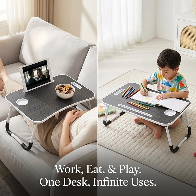 BUYIFY 23" Foldable Lap Desk for Laptop Writing w/Cup Holder Black | Sturdy and Durable, Laptop Bed Desk with Tablet Slot, No Assembly, Space Saving for Bed Couch Dorm WFH Students