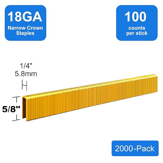 18 Gauge 1/4" Narrow Crown Staples 5/8 Inch Leg, 2000-Pack | Galvanized coating resists rust for indoor woodworking & decoration, fits all electric staplers and staple guns