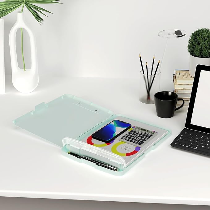 Piasoenc Clipboard with Storage, 8.5 x 11 Organization Box with Pen Holder and A4 Legal Paper Folder, Folio & Side-Opening, Low Profile Clip,for Nurses,Teachers, Size 14 x 9.6 x 1.2 in, Blue