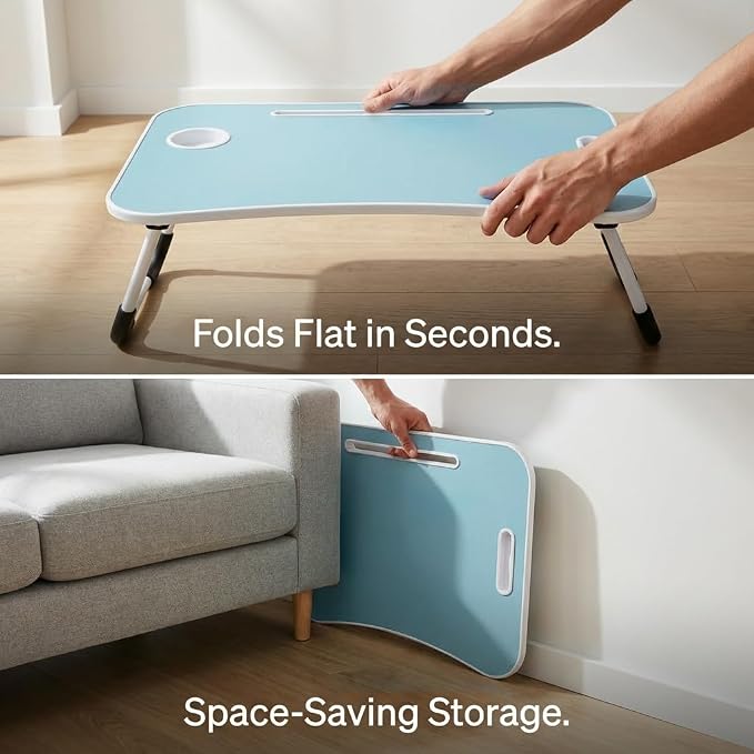 BUYIFY 23" Foldable Lap Desk for Laptop Writing w/Cup Holder Blue | Sturdy and Durable, Laptop Bed Desk with Tablet Slot, No Assembly, Space Saving for Bed Couch Dorm WFH Students