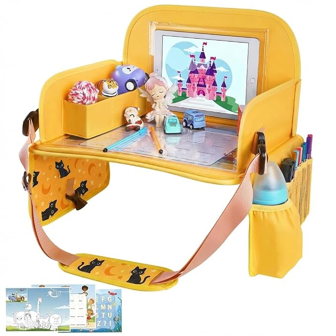 MENZOKE Kids Travel Tray for Toddler Car Seat, Toddler Gift for Boy | Road Trip Essentials Accessories Lap Tray, 16.5 x 13 inch, iPad Holder Stand, Storage Pockets, Snack Compartment, Yellow