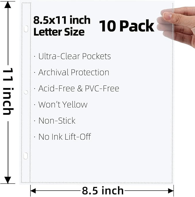 Vienrose Scrapbook Refill Pages 8.5x11, 10 Pack Heavyweight Clear Page Protectors for 3 Ring Binders, Top Loading Plastic Sleeves for Scrapbook Albums & Photo Storage (No Paper Inserts, Acid Free)