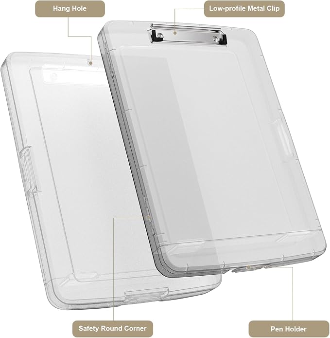 Piasoenc Clipboard with Storage, 8.5 x 11 Organization Box with Pen Holder and A4 Legal Paper Folder, Folio & Side-Opening, Low Profile Clip,for Nurses,Teachers, Size 14 x 9.6 x 1.2 in,Translucent