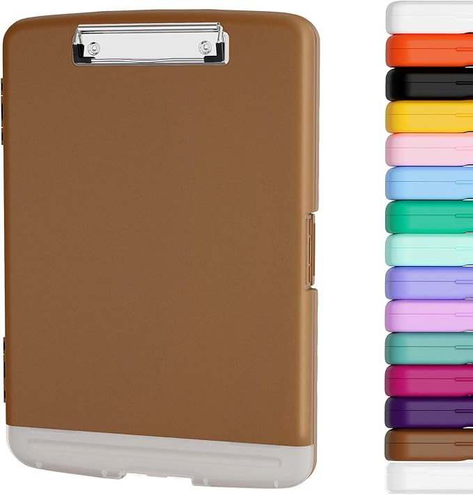 Piasoenc Clipboard with Storage, 8.5 x 11 Organization Box with Pen Holder and A4 Legal Paper Folder, Folio & Side-Opening, Low Profile Clip,for Nurses,Teachers, Size 14 x 9.6 x 1.2 in, Brown
