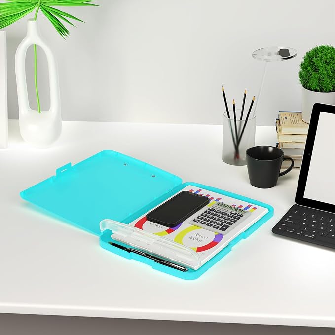 Piasoenc Clipboard with Storage, 8.5 x 11 Organization Box with Pen Holder and A4 Legal Paper Folder, Heavy Duty Plastic, Folio & Side-Opening, Low Profile Clip for Nurses, Teachers, Peacock Green