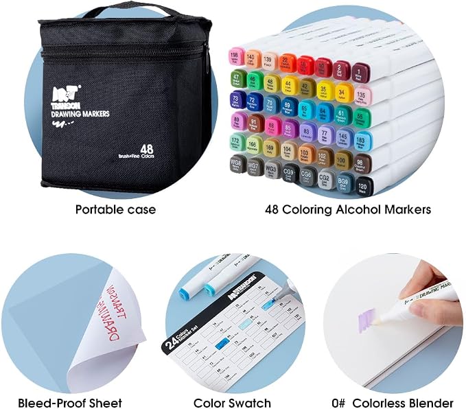 TRANSON Alcohol Markers for Drawing Coloring 48 Colors Dual-tip Fine and Brush Tips
