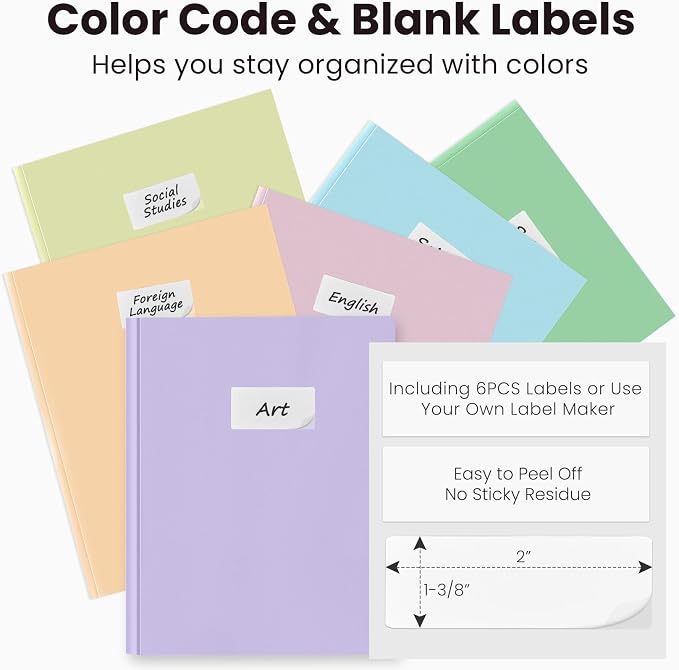 Sooez 6 Pack Plastic Folders with Pockets and Prongs, 3 Prong Folders with Pockets and Writable Label, Heavy Duty 2 Pocket Folder with Brads, Letter Size Prong Folder for School Office, Pastels Color