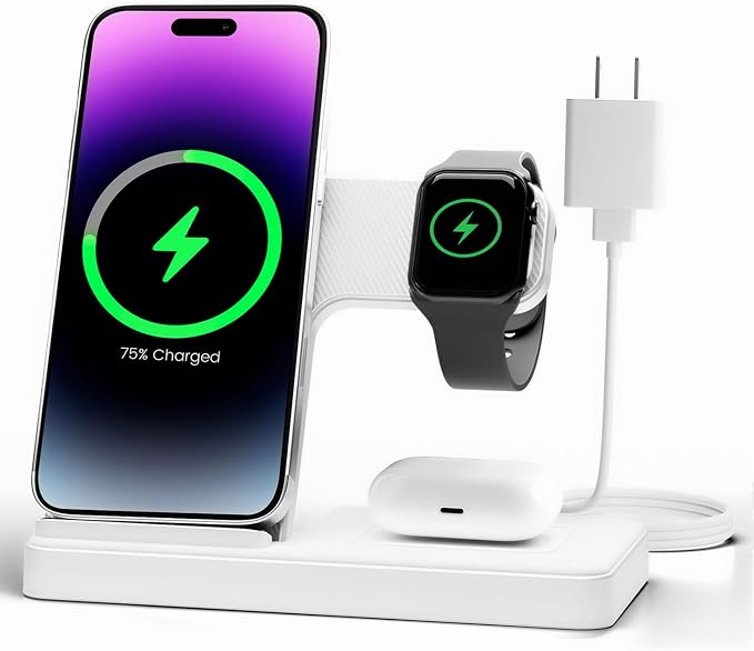 GETPALS Wireless Charger iPhone Charging Station for Apple Multiple Devices | 3 in 1 Charger Stand for iPhone 17 Pro Max 17e 16 16e 15 14 13 12 & Watch Series 11-2 SE Ultra & Airpods 4 3 Pro, White