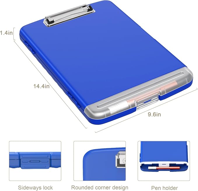 Piasoenc Clipboard with Storage, 8.5 x 11 Organization Box with Pen Holder and A4 Legal Paper Folder, Heavy Duty Plastic, Folio & Side-Opening, Low Profile Clip for Nurses, Teachers,Deep Lake Blue