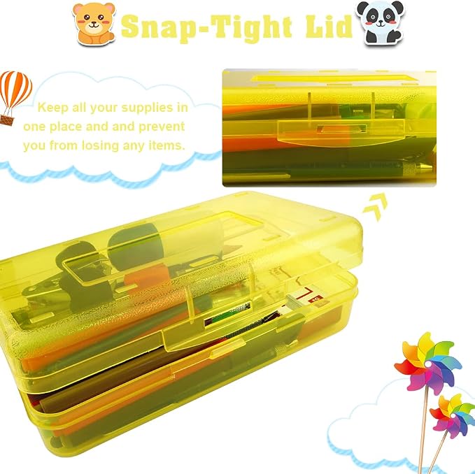Pencil Box, Large Capacity Clear Pencil Case, 1 Pack Hard Pencil Case, Clear Crayon Box with Snap-tight Lid Stackable Design, Plastic Storage Box for Office Supplies, Yellow
