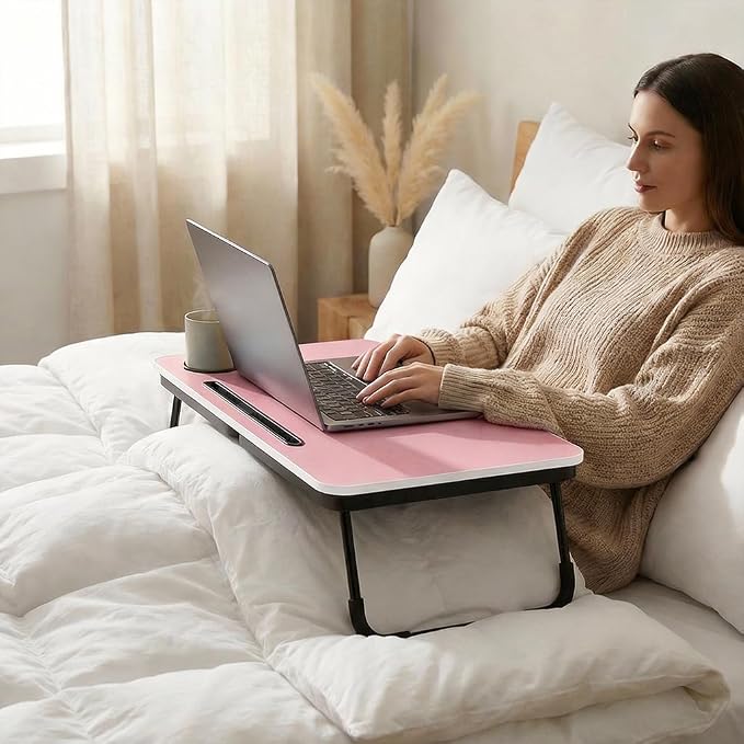 BUYIFY 23.4" Foldable Lap Desk Bed Table with Cup Holder Portable Tray Pink | Folds Flat for Easy Storage, No Assembly Laptop Bed Desk, Sturdy and Lightweight, Versatile for Work Eat Study, Patent Design