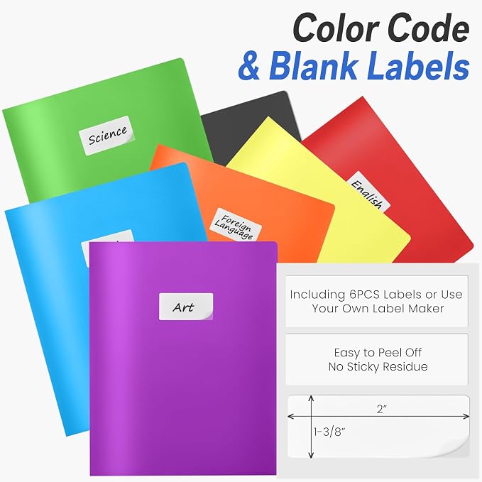 Sooez 7 Pack Folders with Pockets, 2 Pocket Folders with Extra Labels, Plastic Folder with Pockets, Heavy Duty File Folder Bulk, School Business Office Filing Supplies