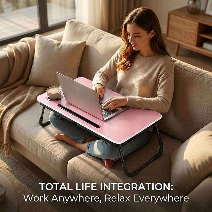 BUYIFY 23.4" Foldable Lap Desk Bed Table with Cup Holder Portable Tray Pink | Folds Flat for Easy Storage, No Assembly Laptop Bed Desk, Sturdy and Lightweight, Versatile for Work Eat Study, Patent Design