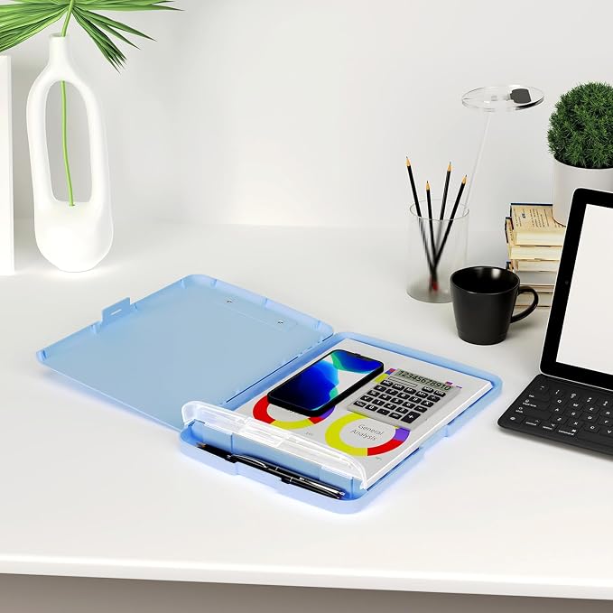 Piasoenc Clipboard with Storage, 8.5 x 11 Organization Box with Pen Holder and A4 Legal Paper Folder, Folio & Side-Opening, Low Profile Clip,for Nurses,Teachers, Size 14 x 9.6 x 1.2 in, Dark Blue