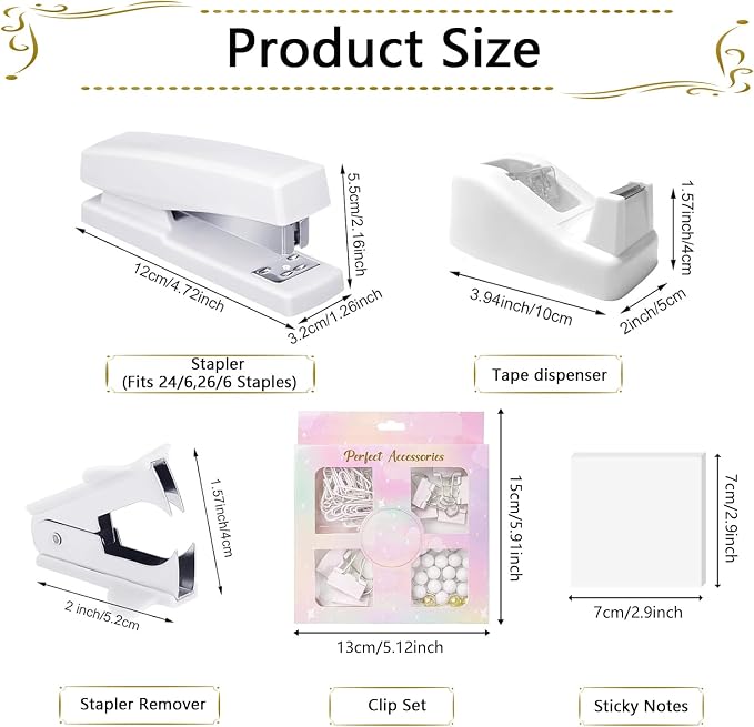 Office Supplies,Desk Accessories,Stapler and Tape Dispenser Set,1000 Staples,Staple Remover,Pen Holder,Folding Phone Holder,Journal Notebook,Ballpoint Pen,Scissor,Ruler,Clear Tape,Sticky Notes,Ect