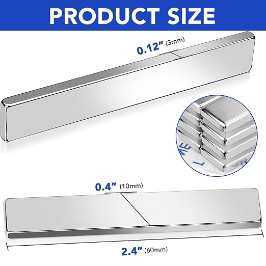 MIKEDE Strong Neodymium Magnets with Adhensive Backing 60x10x3 mm 12 Pcs | Super Strong Magnets Bar, Heavy Duty Metal Powerful Silver Rectangular Magnet for Craft, Whiteboard, Garage, Kitchen, DIY