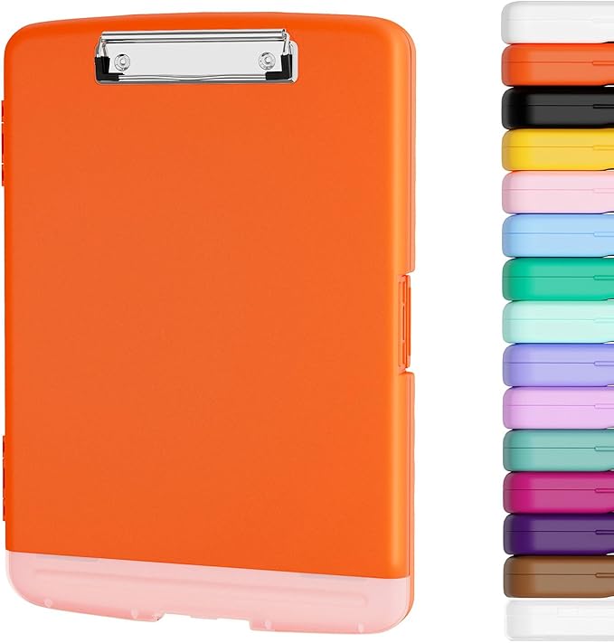 Piasoenc Clipboard with Storage, 8.5 x 11 Organization Box with Pen Holder and A4 Legal Paper Folder, Folio & Side-Opening, Low Profile Clip,for Nurses,Teachers, Size 14 x 9.6 x 1.2 in, Orange