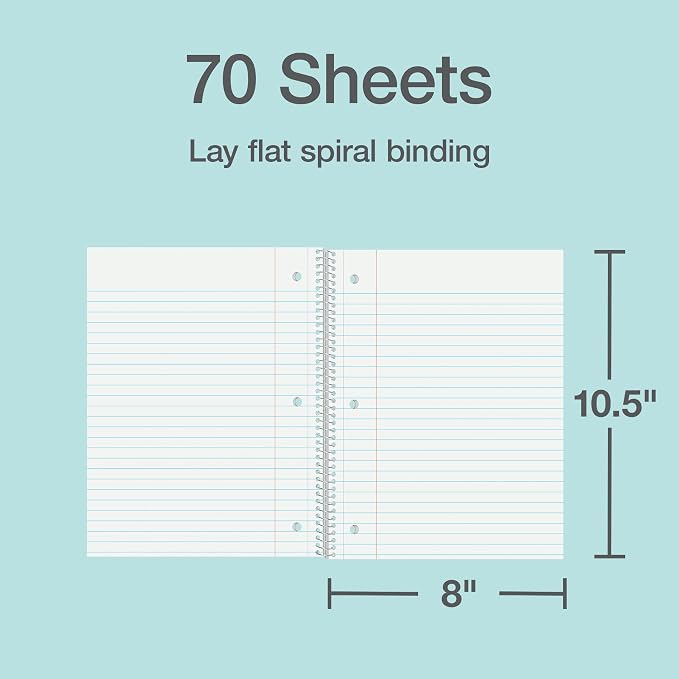 Oxford Spiral Notebooks, 5 Pack, Wide Rule, 70 Sheets, Pastel Covers | 8" x 10.5", Perforated Pages, 3-Hole Punched Paper, 1 Subject Notebooks for School, Home, and Office