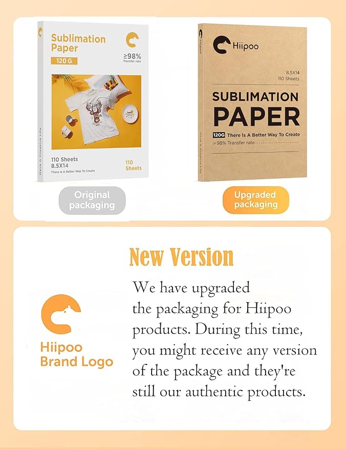 Hiipoo Sublimation Paper 8.5x14 Inch, Work with Sublimation Ink and E Sawgrass Inkjet Printers for Mugs T-Shirts Light Fabric and Other Sublimation Blanks (110 Sheets, 120G)