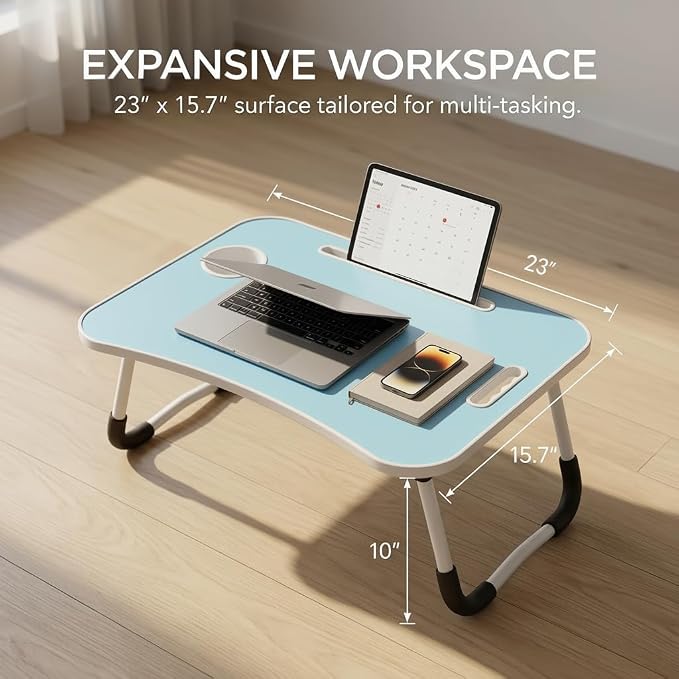 BUYIFY 23" Foldable Lap Desk for Laptop Writing w/Cup Holder Blue | Sturdy and Durable, Laptop Bed Desk with Tablet Slot, No Assembly, Space Saving for Bed Couch Dorm WFH Students