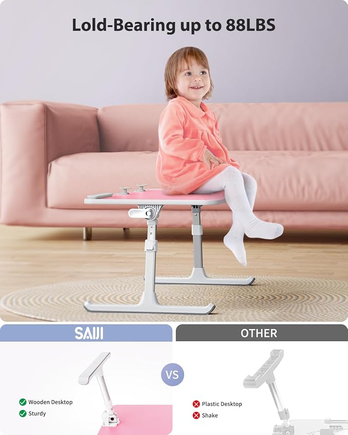 SAIJI Height & Angle Adjustable Laptop Stand for Bed, Lap Desk Bed Tray Table, Light Weight Foldable Portable Laptop Table for Couch Sofa Chair Floor Desk for Adults, Kids (Pink)