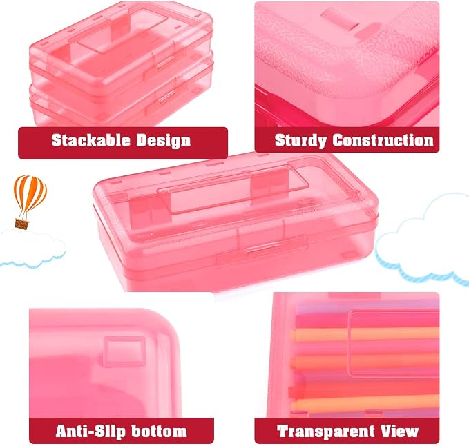 Pencil Case, Pencil Box, Crayon Box, Clear Pencil Case, 2 Pack Plastic Pencil Case, Clear Pencil Boxes with Snap-tight Lid Stackable Design, Plastic Storage Box for School Office Supplies, Pink+Green