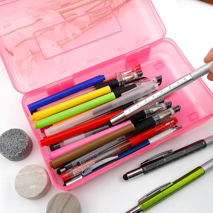 Pencil Case, Pencil Box, Crayon Box, Clear Pencil Case, 2 Pack Plastic Pencil Case, Clear Pencil Boxes with Snap-tight Lid Stackable Design, Plastic Storage Box for School Office Supplies, Pink+Green