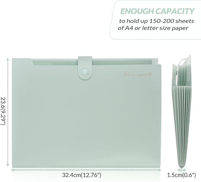SKYDUE Expanding File Folder, Accordion File Organizer with 8 Pocket, Expandable Document Paper Receipt Holder for School Office Hospital, Letter/A4 Size Light Green