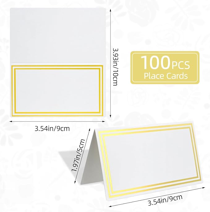 100-Pack Premium Place Cards for Table Setting with Double Gold Foil Border, 3.5" x 2" Name Cards for Wedding Seating, Buffet Food Labels & Dinner Parties, Thick Cardstock Tent Cards