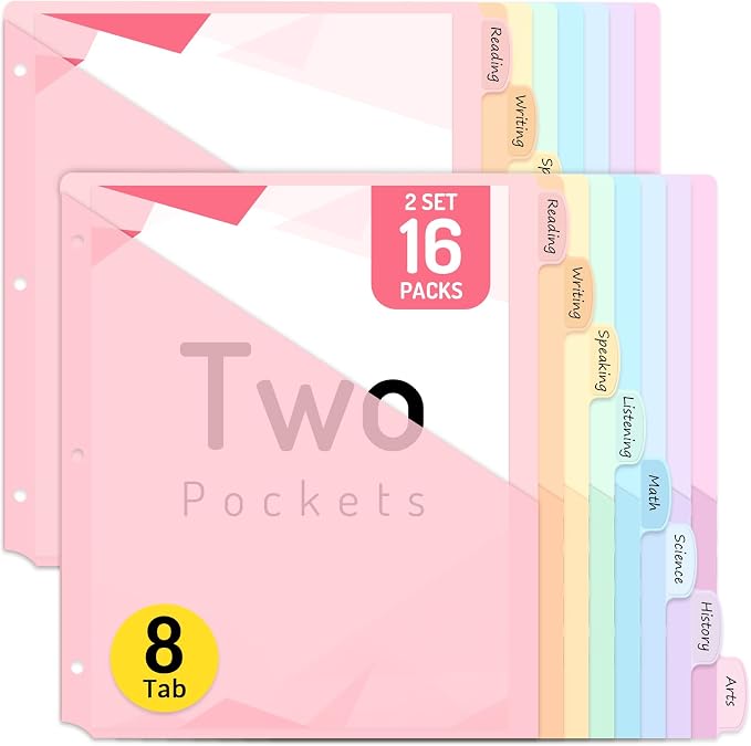 Forvencer 16 Count Dividers with Two Pockets, 8 tab Binder Dividers for 3 Ring Binder Organizer, Binder Divider with Tabs for School Office and Home Organization, Multicolor, 2 Sets