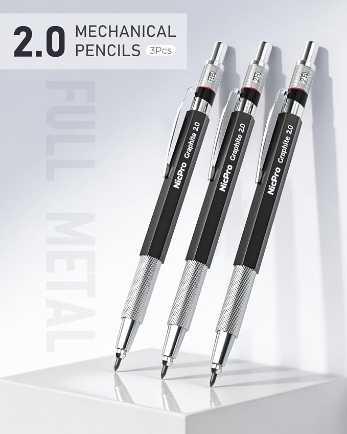 Nicpro 2mm Metal Mechanical Pencil Set with Case, 3PCS Lead Pencil Holder 2.0 mm with 144PCS Lead Refills (4H 2H HB 2B 4B 6B Color), Eraser, Sharpener for Drafting Writing Drawing Sketching