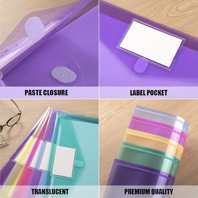 Sooez 36 Pack File Folders, Clear Poly Envelopes Plastic Folders, Folder for Documents Letter A4 Size with Label Pocket, Teacher School Office Supplies Organization Storage, Assorted Color