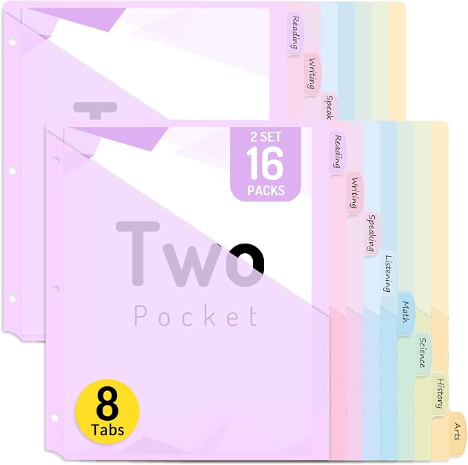 Forvencer 16 Count Dividers with Two Pockets, 8 tab Binder Dividers for 3 Ring Binder Organizer, Binder Divider with Tabs for School Office and Home Organization, Multicolor, 2 Sets