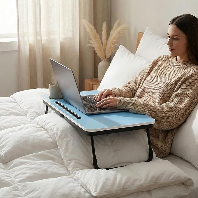 BUYIFY 23.4" Foldable Lap Desk Bed Table with Cup Holder Portable Tray Blue | Folds Flat for Easy Storage, No Assembly Laptop Bed Desk, Sturdy and Lightweight, Versatile for Work Eat Study, Patent Design