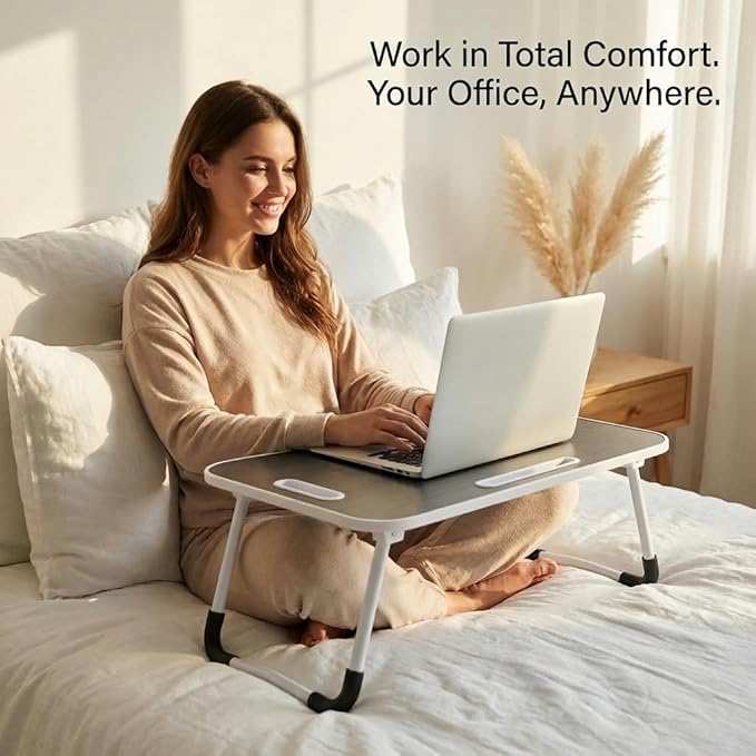 BUYIFY 23" Foldable Lap Desk for Laptop Writing w/Cup Holder Black | Sturdy and Durable, Laptop Bed Desk with Tablet Slot, No Assembly, Space Saving for Bed Couch Dorm WFH Students